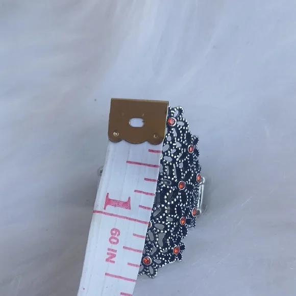 Paparazzi Silver and Orange Floral Ring Strech - Picture 7 of 11